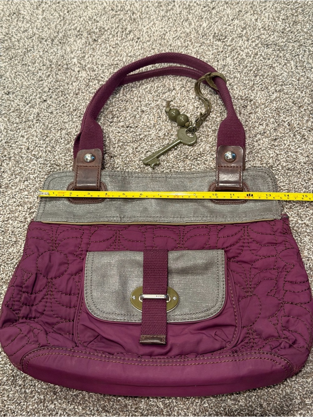 Purple quilted Fossil purse with gray details handbag